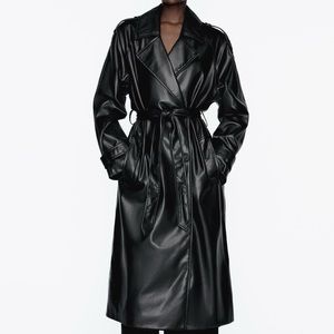 Zara Black Leather Trench Coat XS NWT
